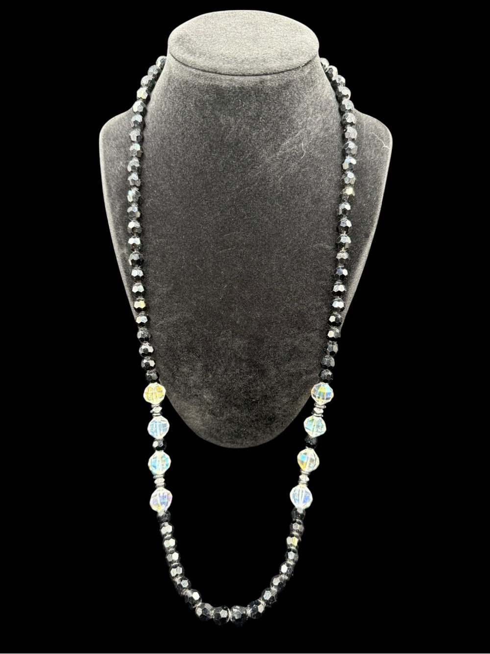 Long Black Crystal Strand Necklace with Aurora Borealis Accents